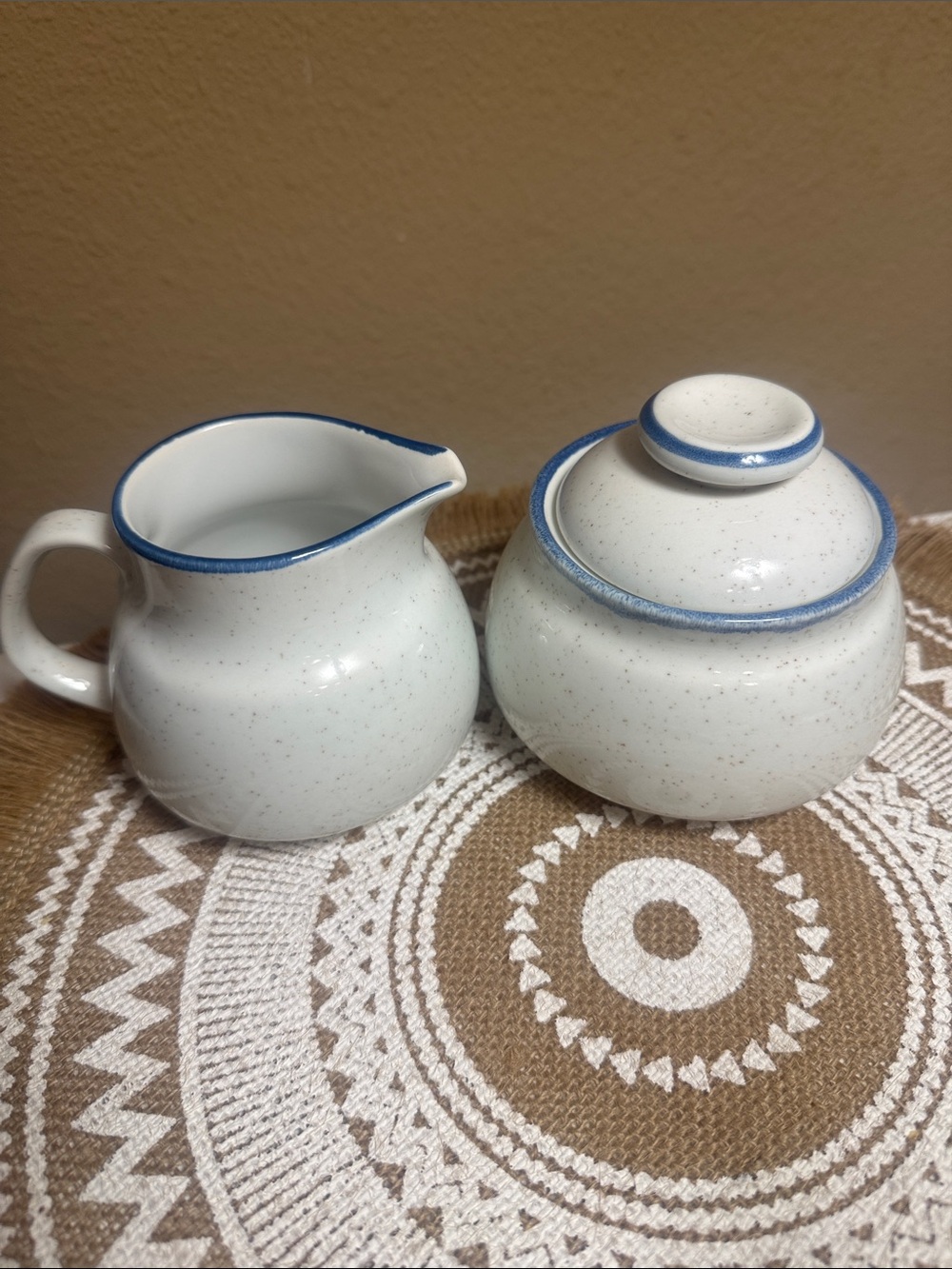 Mikasa Speckled White Ceramic Sugar Bowl and Creamer Set with Blue Trim